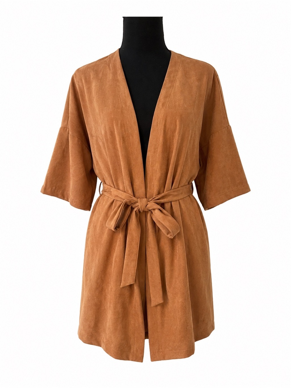 CAMEL BROWN SHORT SLEEVE TIE WAIST CARDIGAN